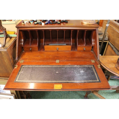 582 - Edwardian Mahogany fall front bureau with metal drop handles over ball and claw feet