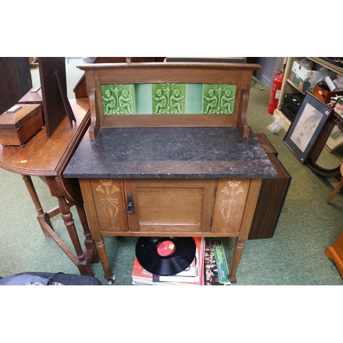 584 - Marble topped tile backed wash stand with inlaid base