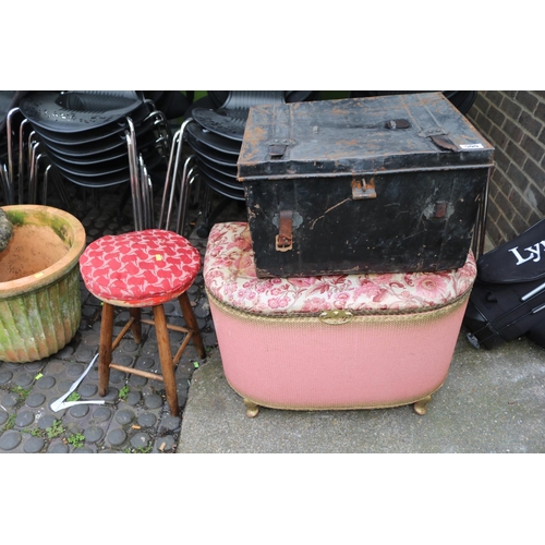 599 - 19thC Metal bound travelling trunk, Woven ottoman and a Vintage Stool