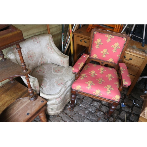 631 - Oak Upholstered Elbow chair and a Upholstered Shaped back Elbow chair