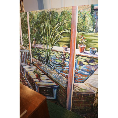 181 - Very Large unframed Oil on canvas of a Garden View in the Pop Art style of David Hockney unsigned 18... 