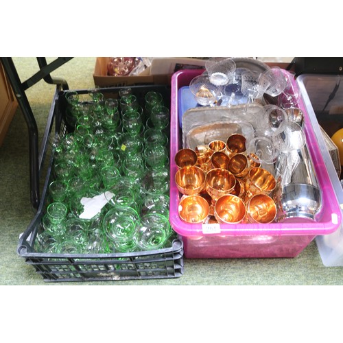 261 - 2 Boxes of assorted Green and other glassware and a collection of Mid Century metalware