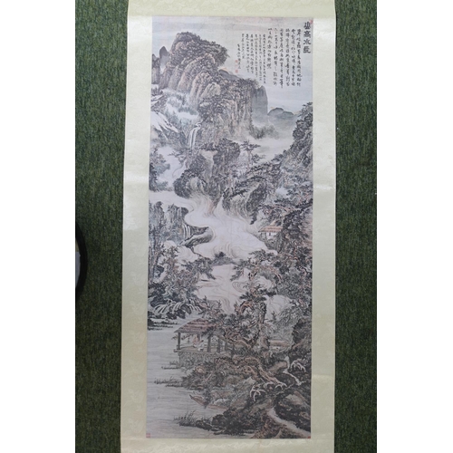 40 - Chinese Scroll depicting wisemen with character marks. 157 cm in Length