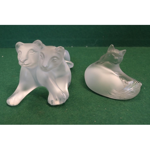 47 - Rene Lalique. Lion Cubs frosted crystal sculpture and a Boxed Cat by Lalique. 7cm and 6cm in Height