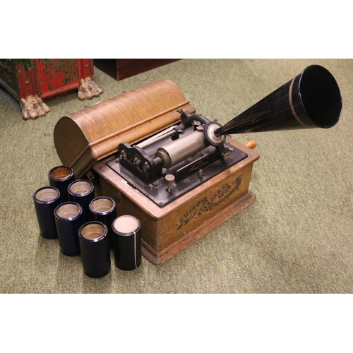 100 - Oak Cased Edison Standard Phonograph with tole horn and cylinders to include God Save the King Band ... 