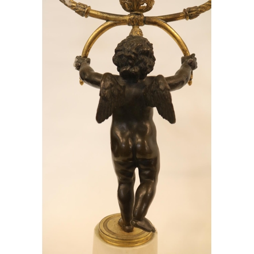 85 - A Pair of Marble and Ormolu Mounted Two Branch Candelabra Mid 19thC modelled as Bronze Putti standin... 