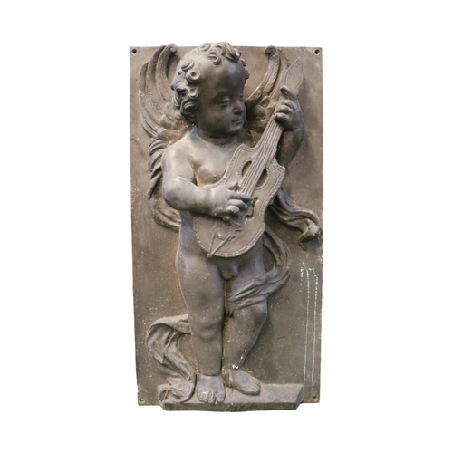 92 - 19thC Victorian Bronze plaque depicting Putti (Cherub) playing a Mandolin. 31cm by 59cm