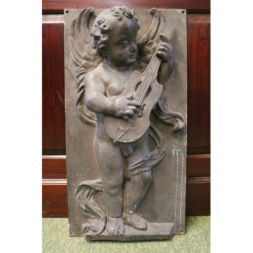 92 - 19thC Victorian Bronze plaque depicting Putti (Cherub) playing a Mandolin. 31cm by 59cm