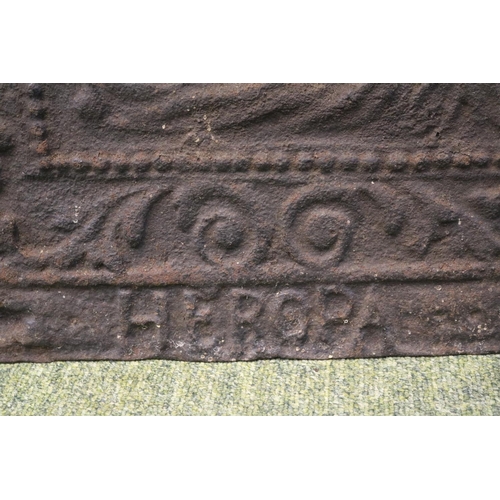 93 - 18thC Cast Iron Fire back marked IL Heropa with figural and foliate decoration. 55 x 35cm