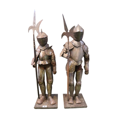 95 - Pair of 19thC Miniature Suits of Jointed Armour mounted on wooden base holding Pikes. 74cm in Height