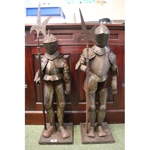 95 - Pair of 19thC Miniature Suits of Jointed Armour mounted on wooden base holding Pikes. 74cm in Height