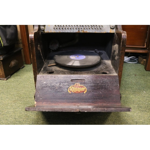 97 - Unusual early twentieth century Klingsor phonograph in oak case with flap down front exposing record... 