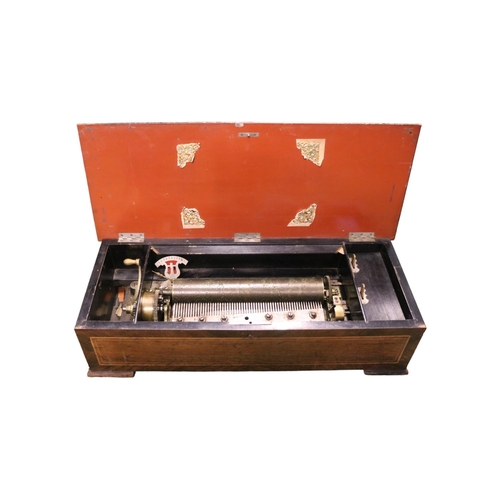 98 - 19thC Inlaid Swiss Cylinder Music box of six Airs in need of restoration. 59cm in Length