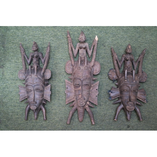 124 - 3 Ethnographic Ivory Coast Kpeliye Senoufo Masks. Largest 59cm in Length