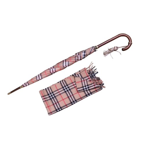 134 - Burberry Tartan Umbrella with Gilt Ferrule and Silk tassel with a matched Burberry Tartan Scarf