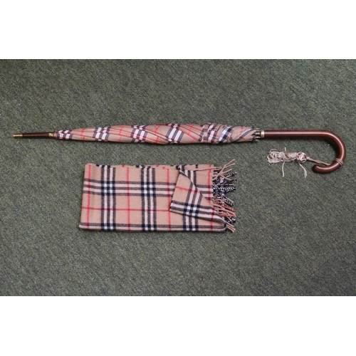 134 - Burberry Tartan Umbrella with Gilt Ferrule and Silk tassel with a matched Burberry Tartan Scarf