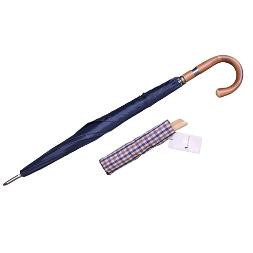 136 - Aquascutum Auto Mini Collapsible Navy  Vicuna Cheque Umbrella and a Swaine Adeney & Brigg Navy Umbre... 