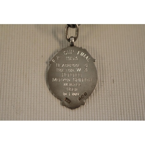 163 - 'The Acme' Whistle with Silver Medallion attached marked 'FA Cup Final 1953 Blackpool 4 Bolton W. 3 ... 