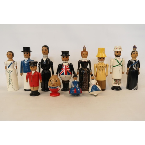 167 - Robin & Nell Dale Regional and Nativity collection wooden toys to include Humpty Dumpty, Queen Eliza... 