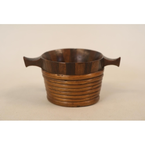 171 - Early 19th century Scottish treen Quaich (luggie) made from feathered sycamore and elder strips, wit... 