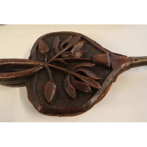 173 - Pair of 19thC Fruitwood Carved Bellows depicting Hop and Floral with entwined handles and Leather Be... 