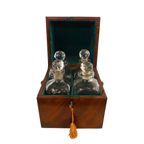 175 - 19thC Walnut Liqueur case comprising of 4 matched decanters with relined interior and brass drop han... 