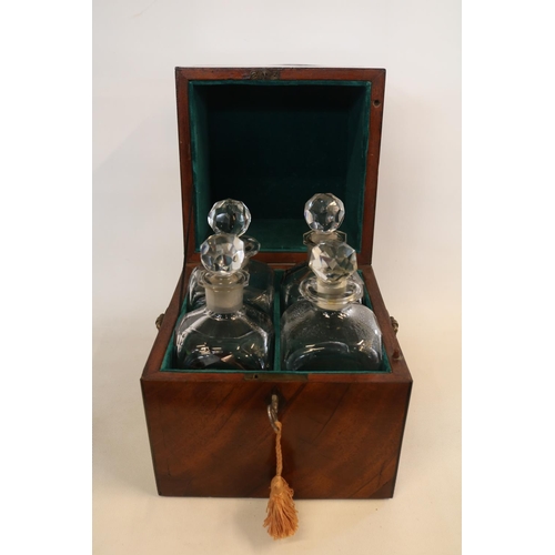 175 - 19thC Walnut Liqueur case comprising of 4 matched decanters with relined interior and brass drop han... 