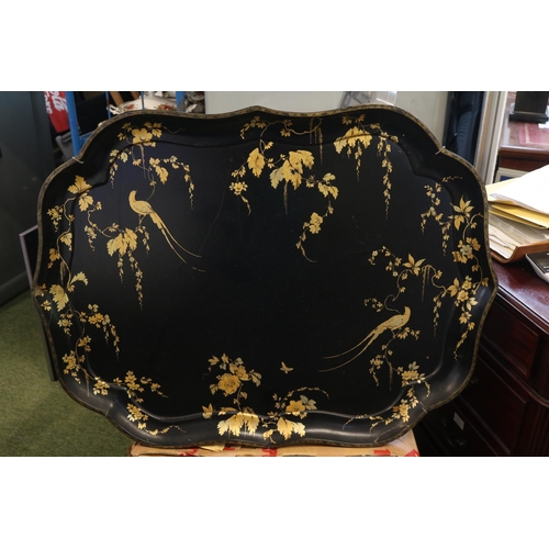 177 - Large 19thC Paper Mache tray with Gilt Vine decoration. With paper label to reverse 'Major Digby Blu... 