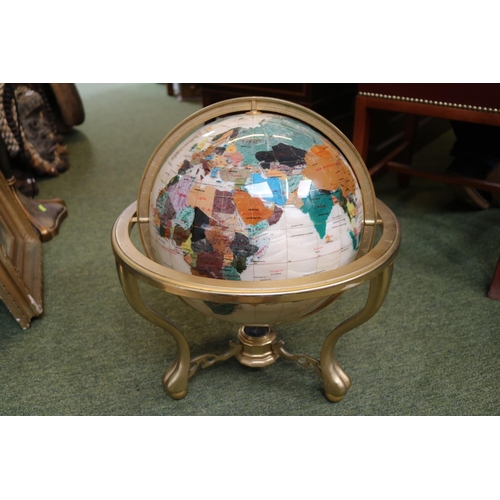 182 - Contemporary Lapis Lazuli and gemstone globe in rotating brass cradle with polished frame and centra... 