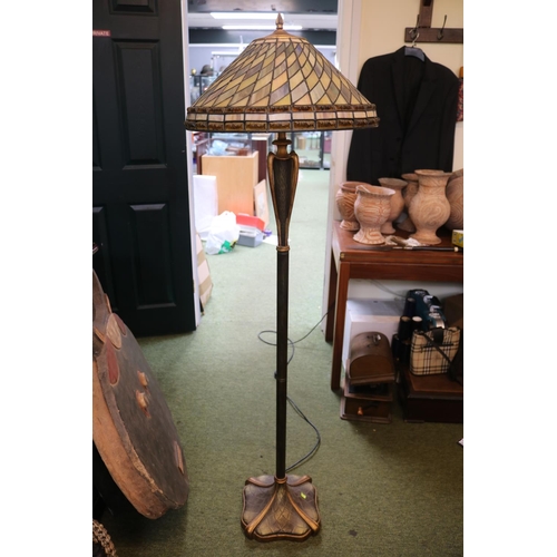 188 - Art Nouveau Style Leaded standard lamp with urn type stem over chequered base. 150cm in Height