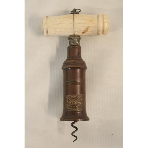 194 - Thomason 19thC English double action Thomason type Corkscrew patented 1802 with Bronze barrel and Ro... 