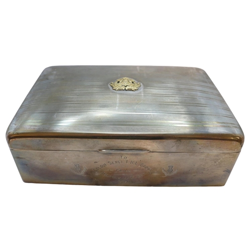 202 - Silver Cigar box with machined decoration and applied British Indian Army Ordnance Corps Calcutta Sc... 