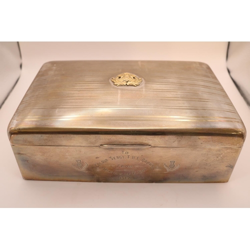 202 - Silver Cigar box with machined decoration and applied British Indian Army Ordnance Corps Calcutta Sc... 