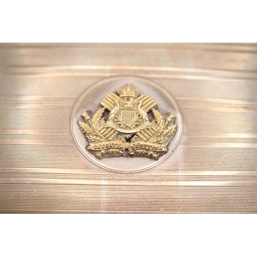 202 - Silver Cigar box with machined decoration and applied British Indian Army Ordnance Corps Calcutta Sc... 