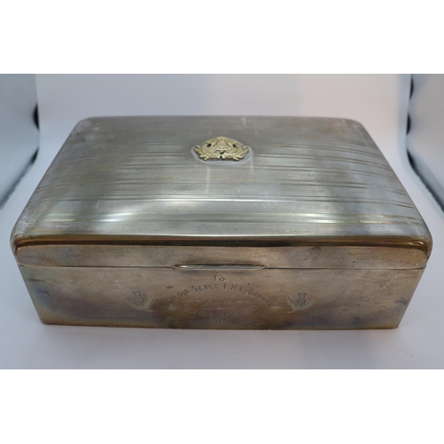 202 - Silver Cigar box with machined decoration and applied British Indian Army Ordnance Corps Calcutta Sc... 