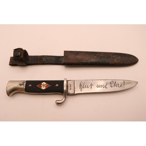 209 - German WW2 Third Reich Nazi Hitler Youth dagger with etched motto 'Blut Und Ehre' and Emil Voos Soli... 