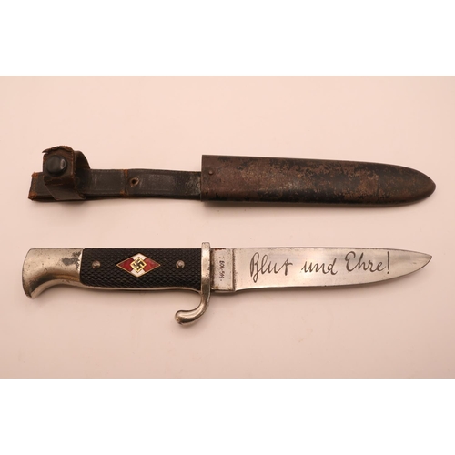 209 - German WW2 Third Reich Nazi Hitler Youth dagger with etched motto 'Blut Und Ehre' and Emil Voos Soli... 