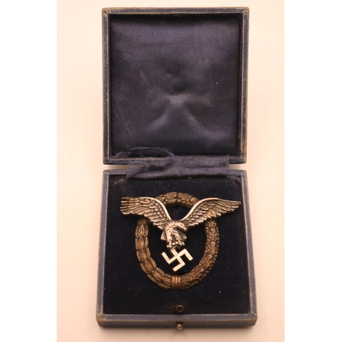 219 - Luftwaffe Pilots Badge by C E Juncker in Original Box of Issue. Good quality two piece example of th... 