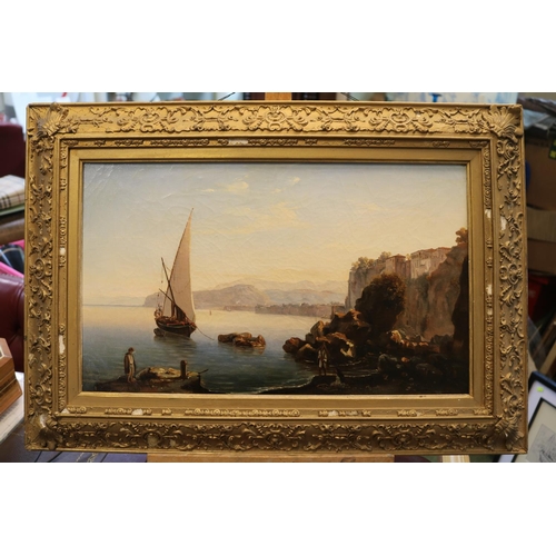 227 - Angelo Viviani (Italian, b1800). Oil on canvas depicting Italian coastline near Naples with traditio... 