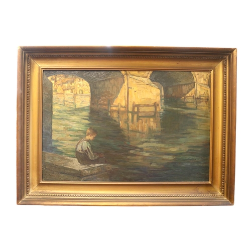 244 - European Late 19thC Impressinist Oil on board of a boy fishing under bridge with gallery label to ve... 