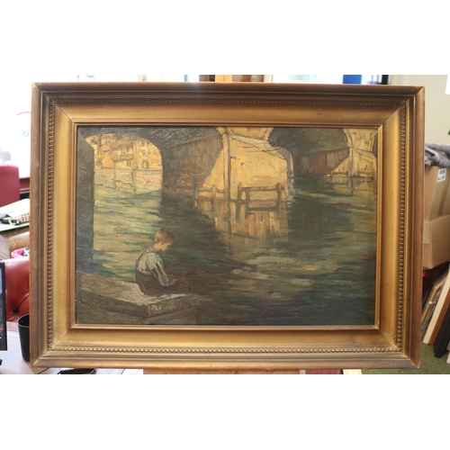 244 - European Late 19thC Impressinist Oil on board of a boy fishing under bridge with gallery label to ve... 