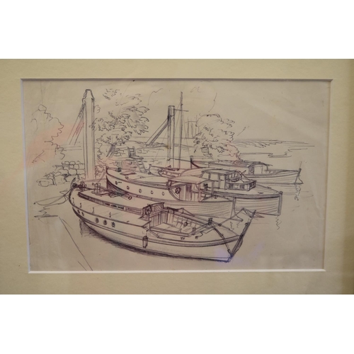 245 - George Mackley (English, 1900-1983). Original signed preliminary pen sketch of traditional clinker-b... 