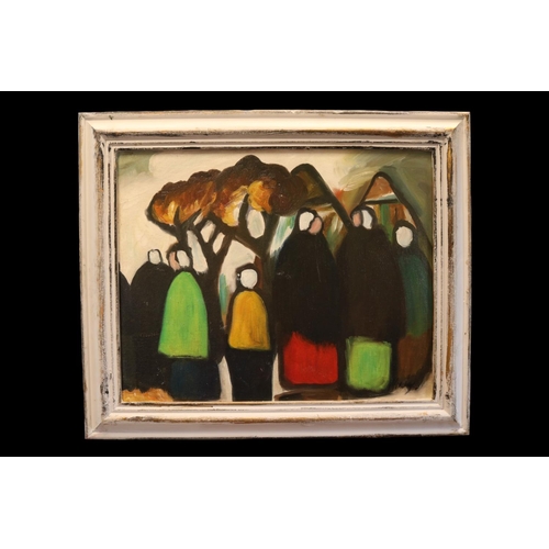 249 - Markey Robinson (Irish, 1918-1999). Primitive figurative abstract oil on board depicting a gathering... 