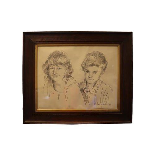 253 - Robert Lenkiewicz (1941-2002). Signed Pencil sketch of Twins Nigel & Kathy Essery born in Plymouth. ... 