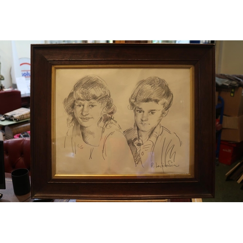 253 - Robert Lenkiewicz (1941-2002). Signed Pencil sketch of Twins Nigel & Kathy Essery born in Plymouth. ... 