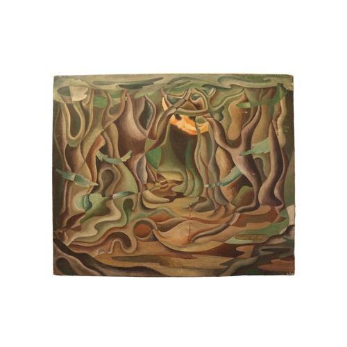 262 - Original 1930's Surrealist oil on canvas depicting a forest scape in moonlight, in the style of Dali... 