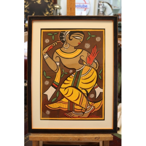 274 - Jamini Roy (Indian, 1887-1972). Tempera of a Dancing Gopini, signed in Bengali script. Roy was one o... 