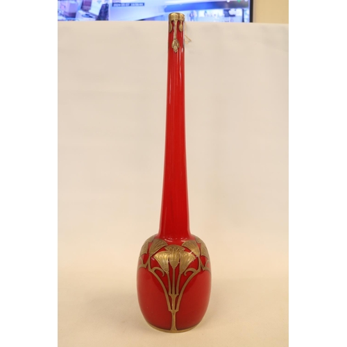 57 - Legras French Egyptian revival 'Rouge De Chine' Red glass tall vase with attenuated neck and decorat... 