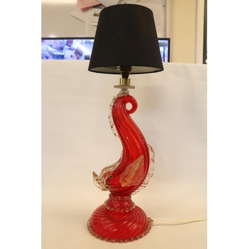 58 - Large Venetian mid-century Murano glass Regency Red Dolphin (fish) table lamp with gold fleck detail... 