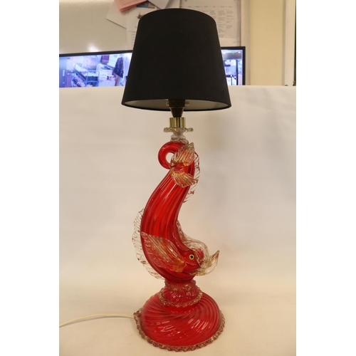 58 - Large Venetian mid-century Murano glass Regency Red Dolphin (fish) table lamp with gold fleck detail... 